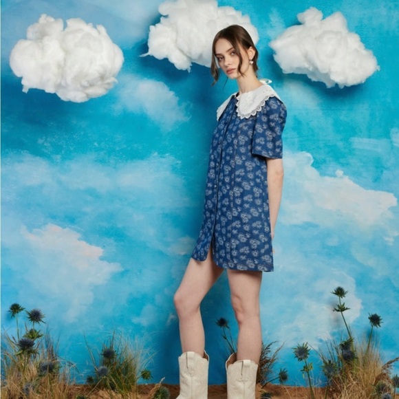 Sister Jane Wildflower Contrast Collar Denim Mini Dress Size Medium - Picture 1 of 12